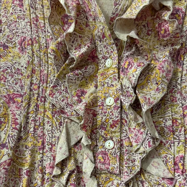 Ralph Lauren BROWN RED FLORAL RUFFLE L BUTTON UP BLOUSE BEIGE 100% COTTON - Image 6