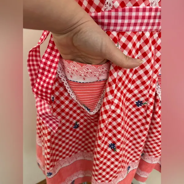 Red White Retro Gingham Checkered Lace Sleeveless Wing Hand Made Dress Sz S - Image 5