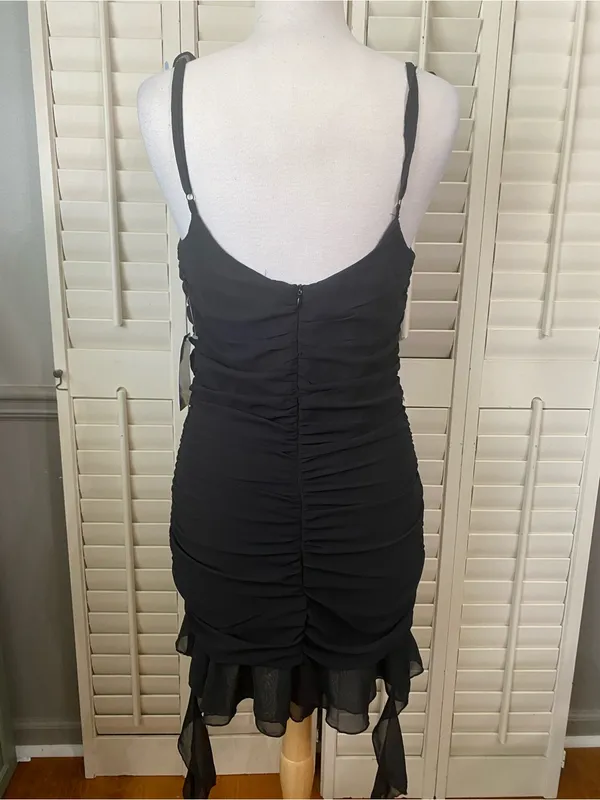 Justify Black Ruffled V-Neck Mini Dress with Sheer Ties - Image 6