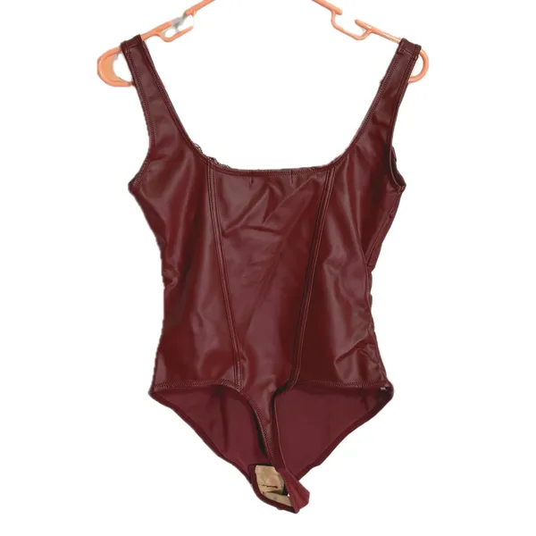 NWT Popilush Faux Leather Corset Bodysuit Deep Red Lace Tummy Control Shaper Med - Image 6