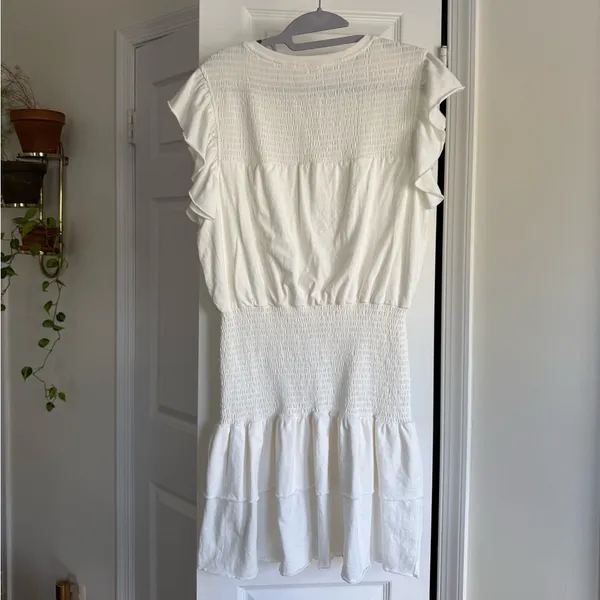 Anthropologie Sundays White Smocked Mini Dress Cotton Ruffle Sleeve - Size M - Image 5
