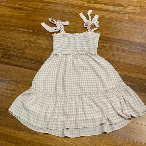 Altar'd State Gingham‎ Smocked Tiered Sundress Tie Strap Pink White Women Size S - Image 5