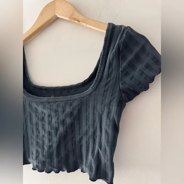 Aerie Offline Charcoal Gray Ribbed Square Neck Crop‎ Top Lettuce Hem - Image 2
