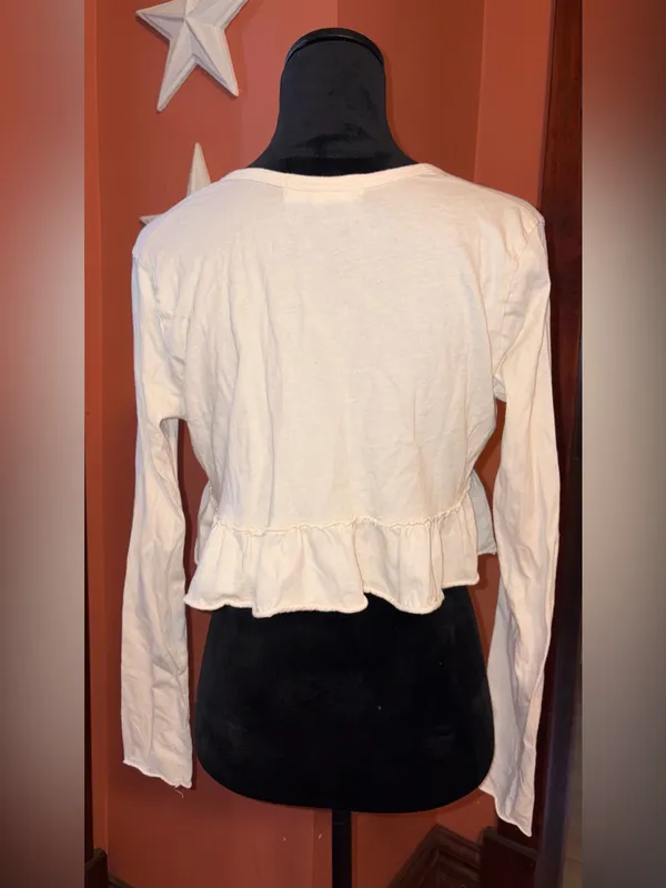 Project Social T-Urban OutfittersCream Ruffle-Hem Cropped Button Long Sleeve Top - Image 3