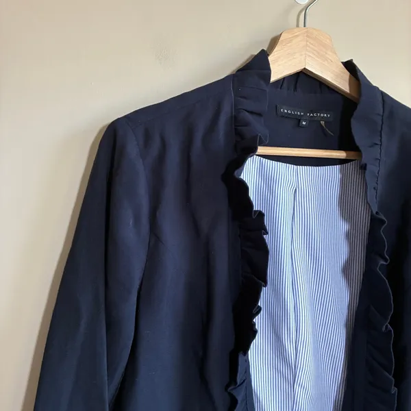 English Factory Ruffle Trim Open Front Blazer Medium Navy Womens Rayon Blend - Image 2
