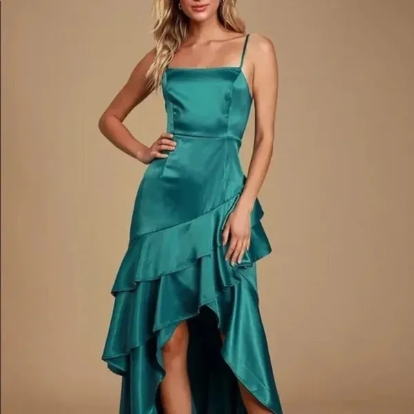 Lulus Yori Teal Green Satin‎ Ruffled High-Low Maxi Dress medium - Image 9