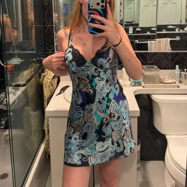 Y2K Apt. 9 whimsigoth fairycore blue & black paisley satin slip dress size small - Image 4