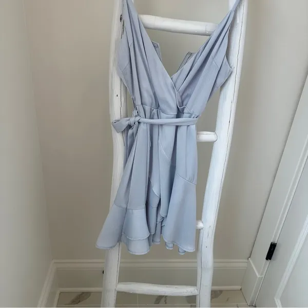 Rumor Light Blue Belted Flared Ruffle Bottom Mini Dress SZ Small - Image 13