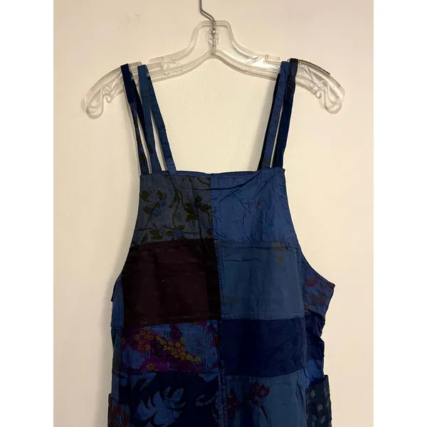 Patchwork Overalls Cotton Blue Crochet Heart Boho Hippie Women Size M - Image 5