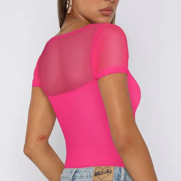 NWT‎ REORIA Mesh Sleeve Square Neck Bodysuit – Hot Pink – Small - Image 2