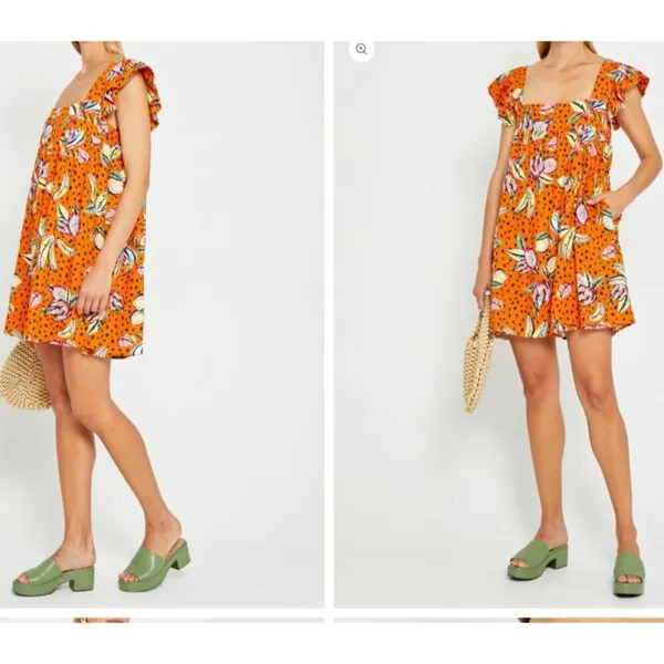 Anthropologie Kourt Aria Linen Tropical Short Dress Pockets Fruit Bird Medium - Image 14