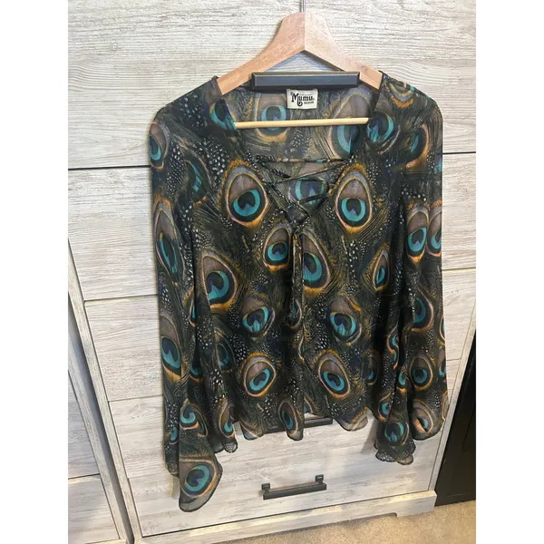 Show Me Your Mumu Peacock Feather Lace Up Bell Sleeve Blouse Medium - Image 3