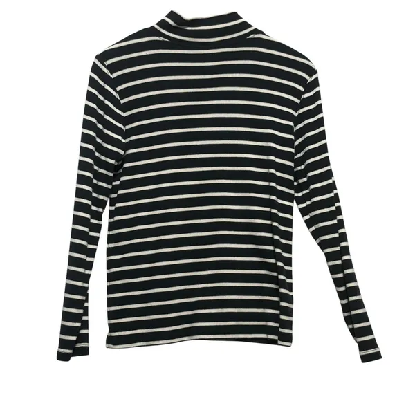 LL Bean Women Top M Navy‎ White Striped Mock Neck Cotton Shirt Preppy Coastal - Image 2