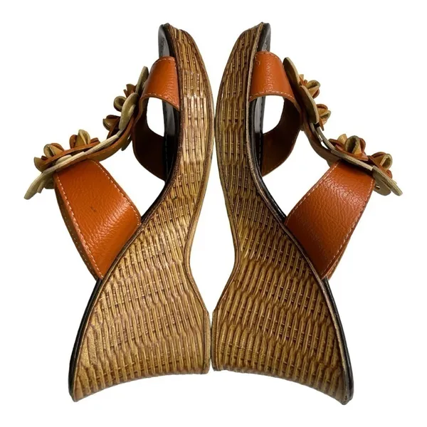 Bonita Floral Leather Wedge Sandals Cognac Brown Slide Mules Platform Heel - Image 9