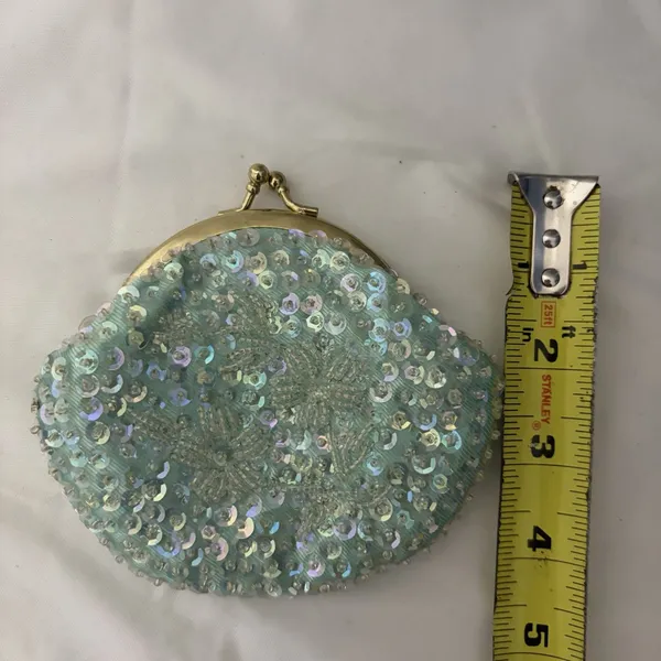 Coin purse bag Gold Kiss lock opening Satin Mint Green Sequins Vintage Fancy - Image 6