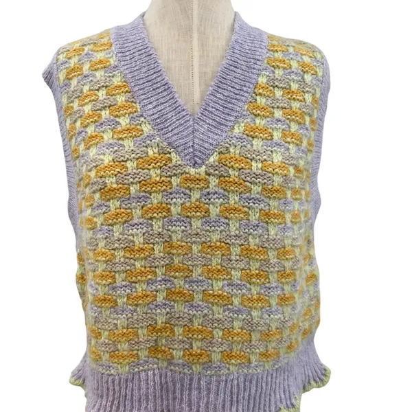 Mango Knit Sweater Vest Scallop Hem Pastel‎ Purple Yellow Size Small - Image 5
