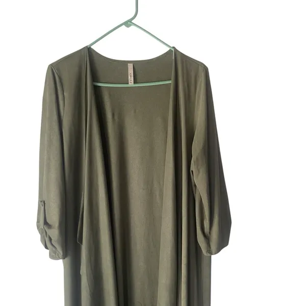 Gilli Size Large Green Faux Suede Open Front Duster Long‎ Cardigan Top - Image 2