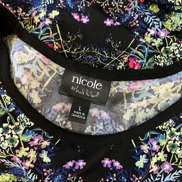 Nicole by Nicole Miller Shift Dress Black Floral Mirror Print Sleeveless Size L - Image 4