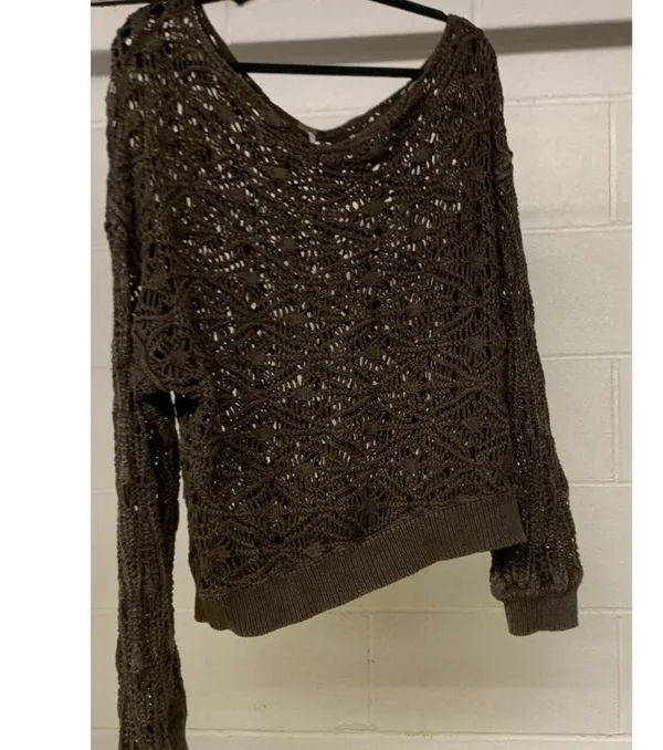 NEW Free People Bittersweet Brown Off Shoulder Crochet Sweater Open Knit - Large - Image 2