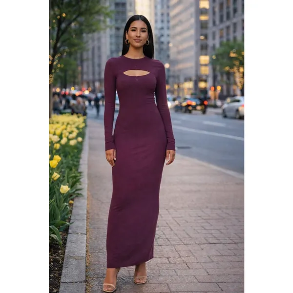 Women's Unbranded Burgundy Ribbed Cutout Maxi Dress XL - Image 2