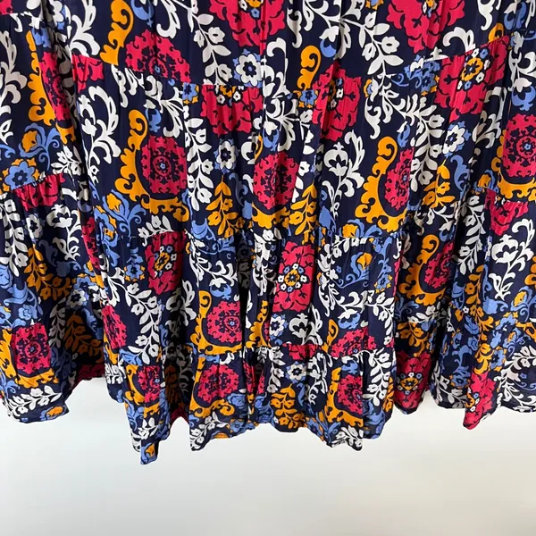 Maeve Anthropologie Floral Paisley Tiered Mini Skirt Navy Pink Orange‎ Large - Image 3