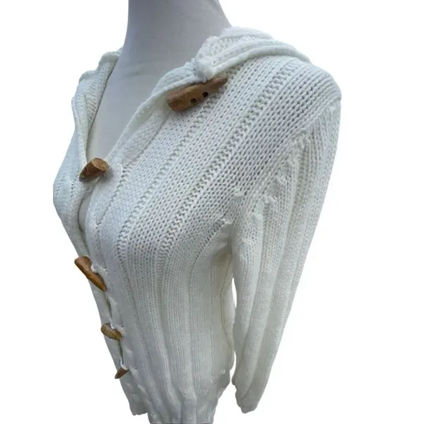 Fancy Design White Knit Hooded Sweater Jacket Toggle Buttons Size S/M NWOT - Image 7