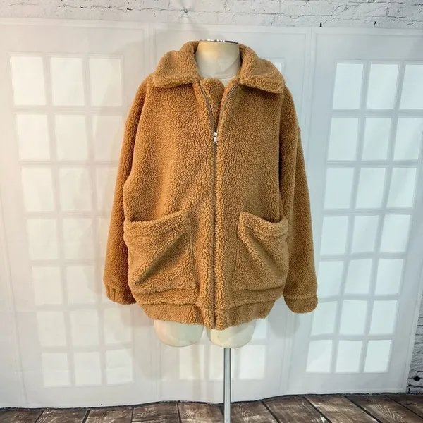 I Am Gia Tan Collared Full Zipper Lined Teddy Jacket Size Small - Image 3
