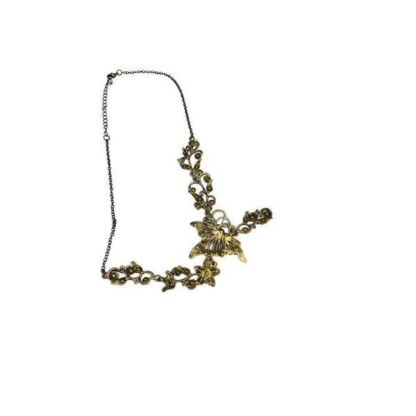 Brass-Tone Multi Color Rhinestone Butterfly Flower Charm Necklace - Image 3