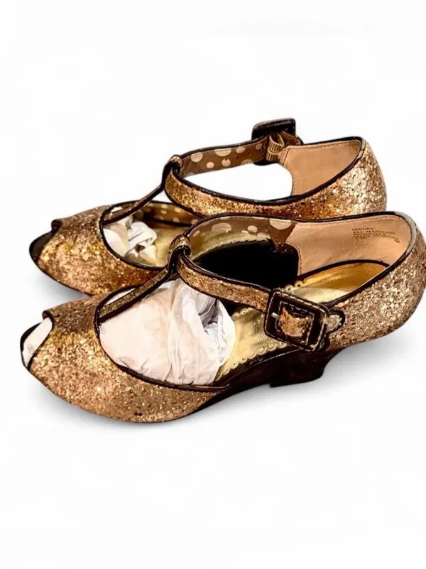 Kenzie ‘GINGER’ Gold Glitter Peep Toe Wedge Kitten Heel Mary Jane Sandals Sz 8 - Image 8