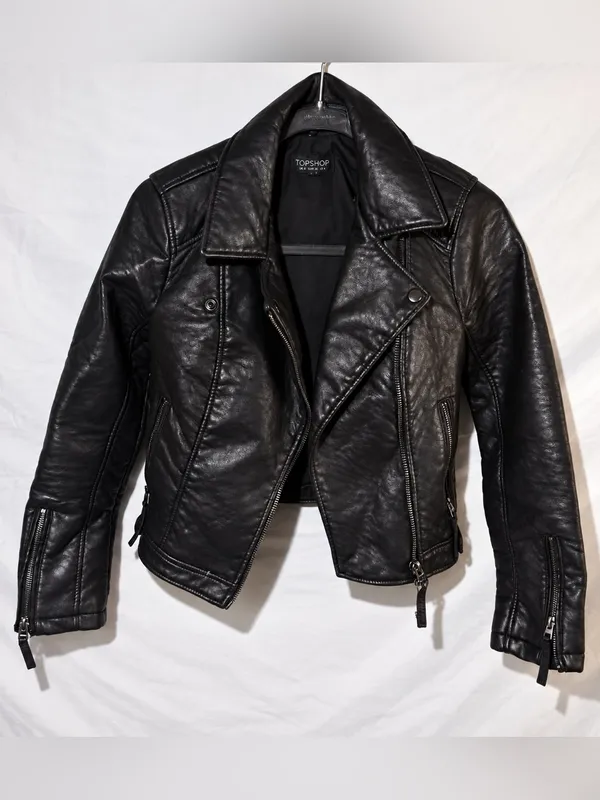 Topshop Black Faux Leather Moto Biker Jacket Y2K Indie Sleaze US 4 - Image 2
