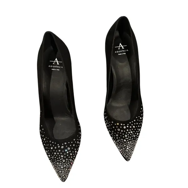 Aquatalia Black Embellished Rhinestone Pointed Toe Pumps Wedding Guest Shoes - Image 2