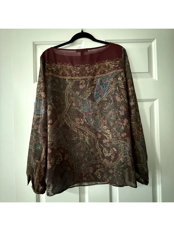 Lauren Ralph Lauren Burgundy Paisley Floral Sheer Blouse Top XL Extra Large - Image 11