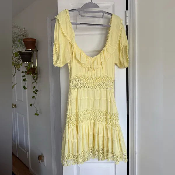 Free People Cruel Intentions Mini Dress Yellow Modal Crochet Puff Sleeve Size 4 - Image 6