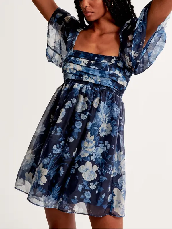 Abercrombie & Fitch Emerson Mini Dress Medium Blue Floral Organza Angel Sleeve - Image 4