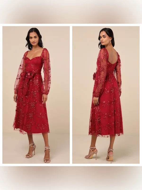 Lulu's Darling Charisma Wine Red Mesh Embroidered Midi Dress - Image 2