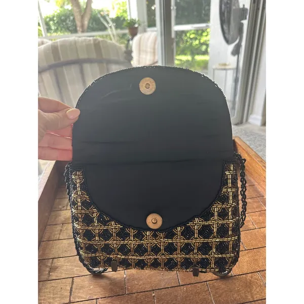 Vintage Beaded Evening Clutch Bag Black Gold Geometric Crossbody Formal PurseGUC - Image 2
