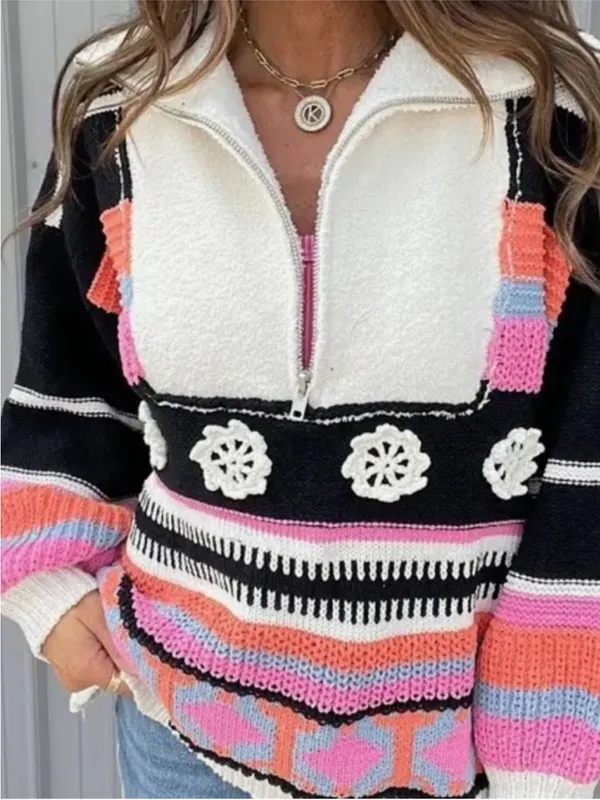 Cozy Colorblock 1/2 Zip-Front Black& Cream w/Pink,Blue & Orange Crochet Sweater - Image 3