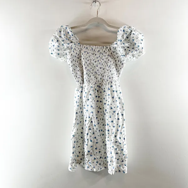 Faithfull The Brand Wendy Smocked Mini Puff Sleeve Floral Dress White Blue XS - Image 6