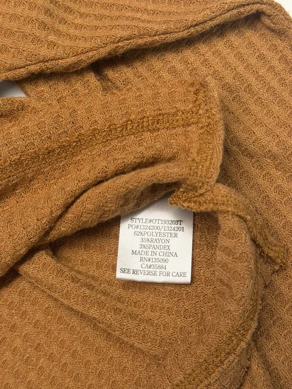 Others Follow Brown Waffle Knit V-Neck Cropped Long‎ Sleeve Top Size M - Image 4