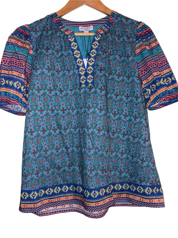Anthropologie Current Air Floral TribalSplit Neck Blouse Puff Sleeves NWT Small - Image 4