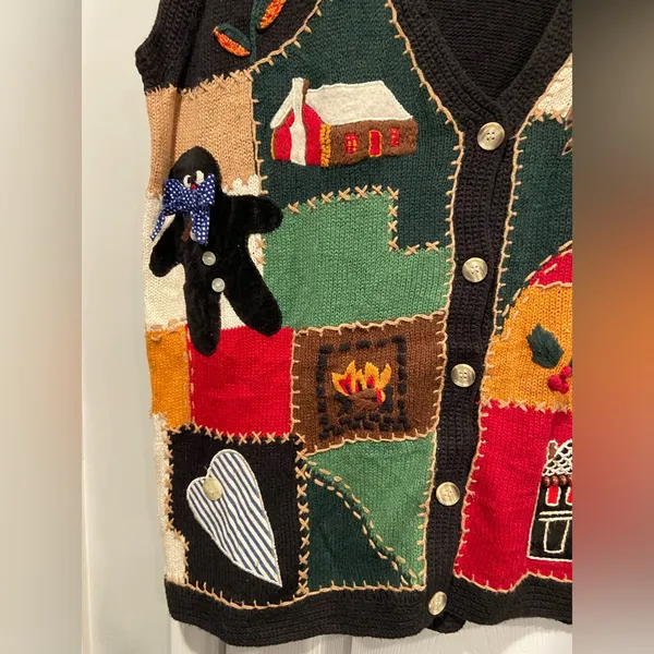 VTG 80s Cambridge Country Store Size L Christmas Sweater Vest Cotton Patchwork - Image 3