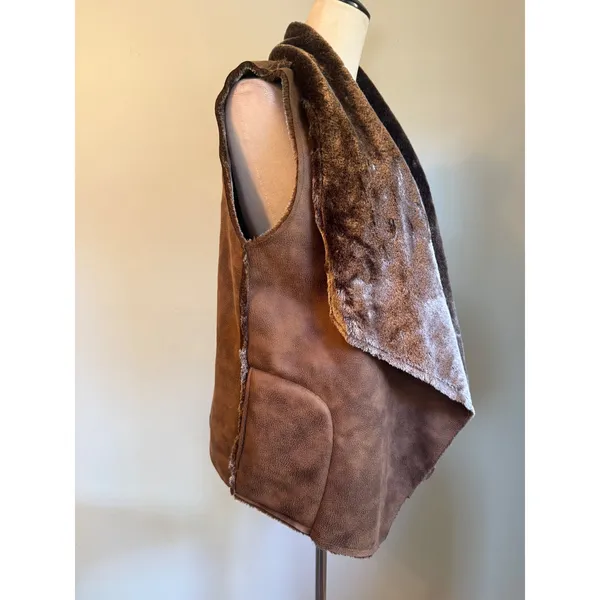 Faux Shearling Draped Open Front Vest Brown Large NWT western boho cozy rero y2k - Image 2