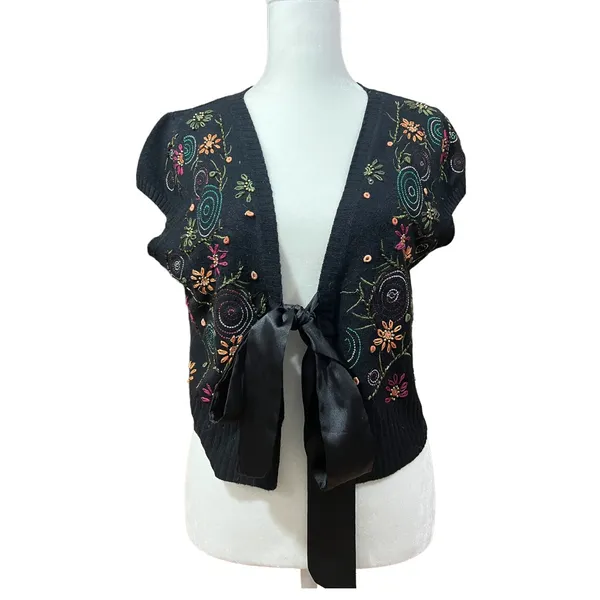 Sugarlips Y2K Embroidered Short Sleeve Cardigan Ribbon Tie Sweater M - Image 2