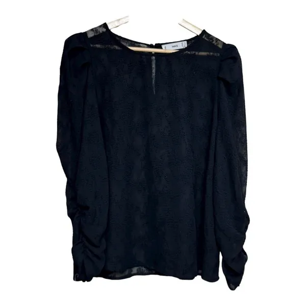 MNG Black‎ Sheer Textured Puff Sleeve Ruched Long Sleeve Top size 10 - Image 2