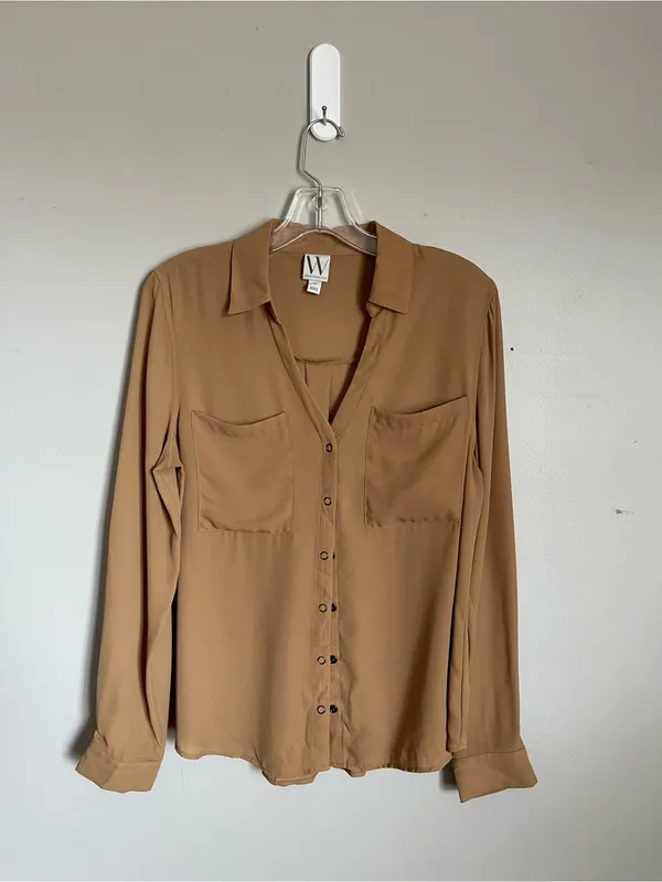 WORTHINGTON | Tan Snap Button-Front Long Sleeve Blouse Sz M - Image 2