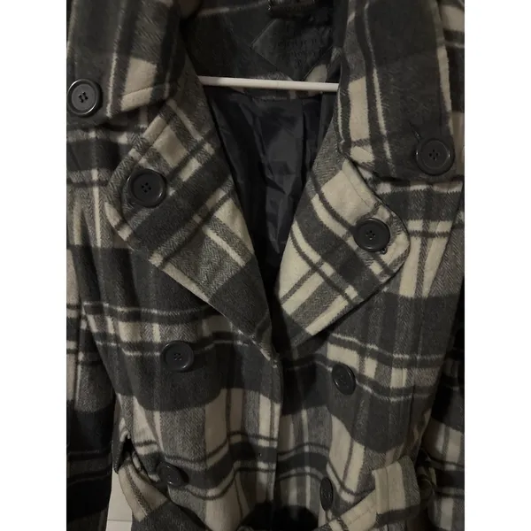 Joujou Womens Grey Plaid Double‎ Breasted Belted Peacoat Jacket Size M Y2K - Image 2
