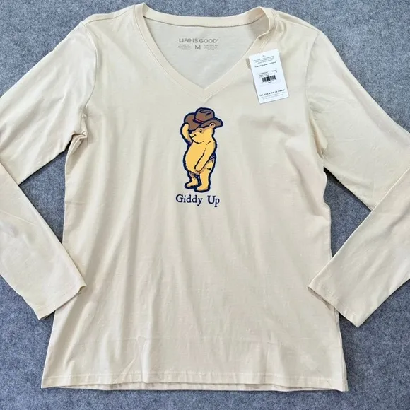 Life is Good Giddy Up Winnie the Pooh‎ Bear V-Neck Long Sleeve Shirt Cream NEW - Image 2