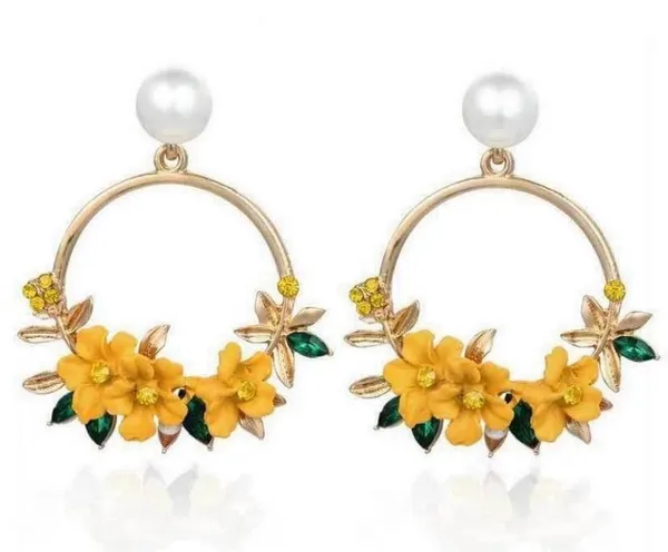 Women's Pearl Crystal Flower Dangle Drop Hoop Earrings - Image 2