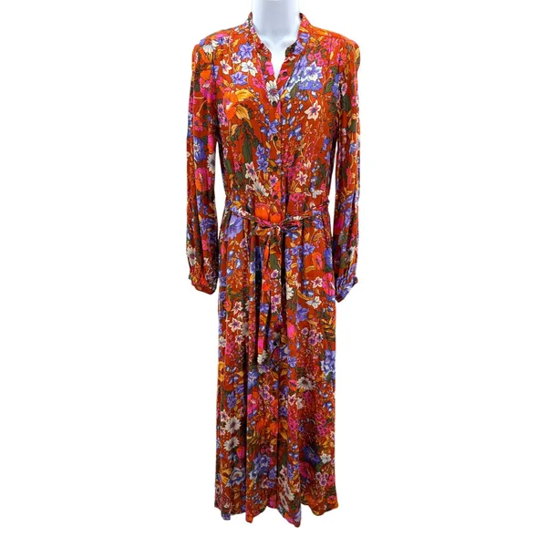By Anthropologie Vale Maxi Shirtdress Belt Floral Rust Brown Orange Boho Kimono‎ - Image 4