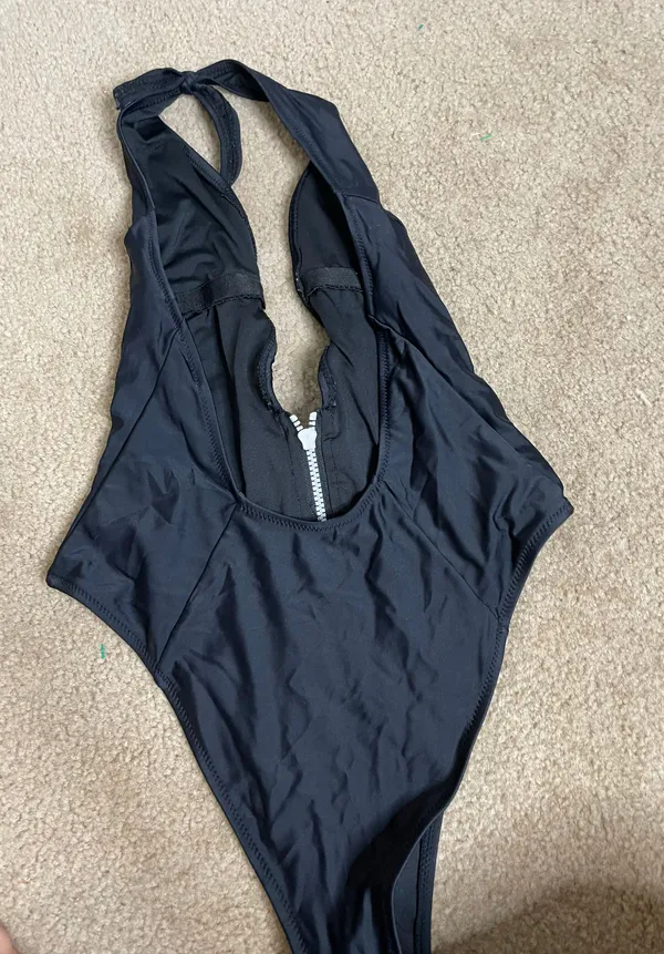Black Plunge Sexy Open Back One Piece Bathing Suit - Image 3